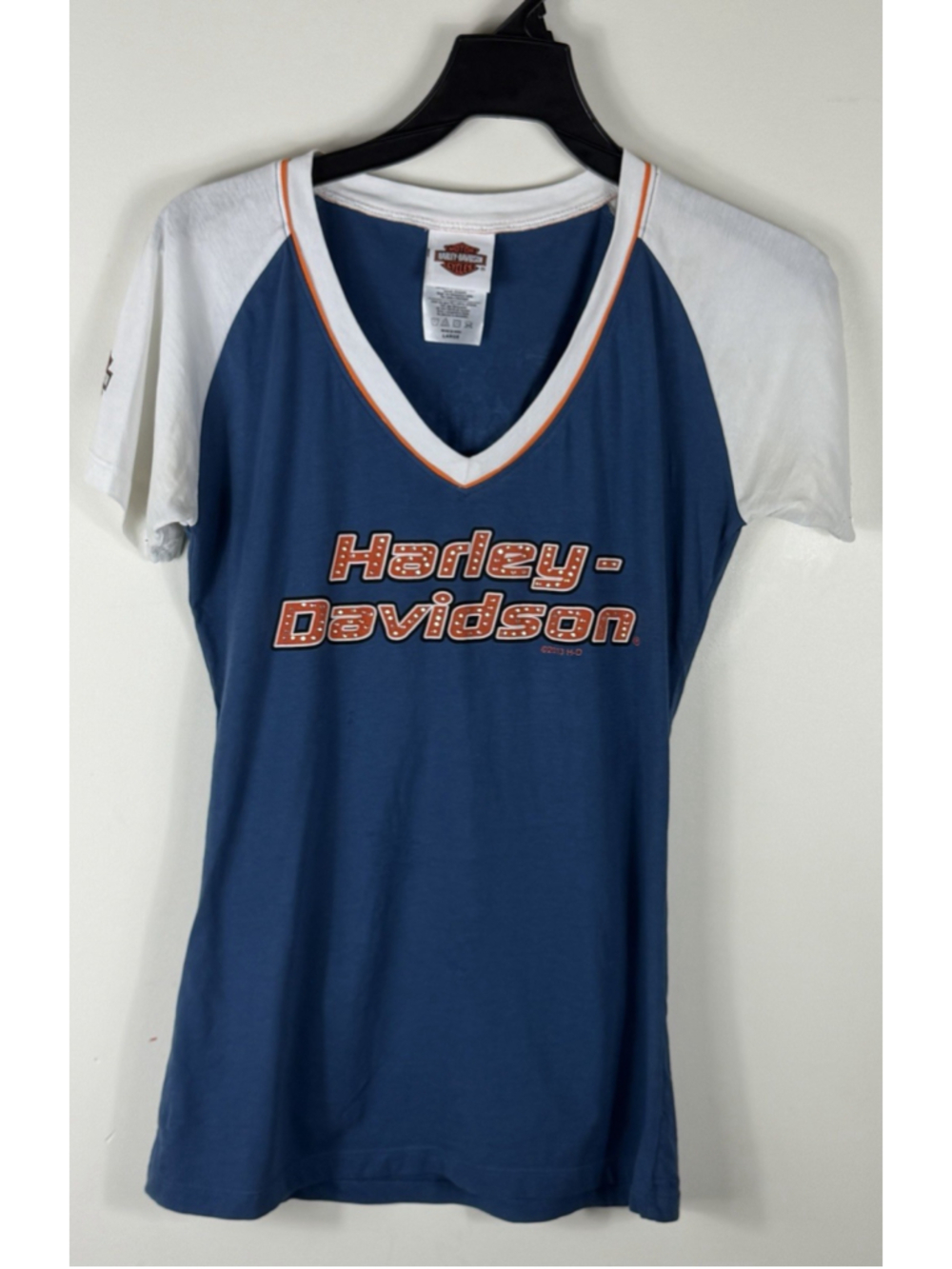 Harley Davidson Women's Blue and Orange T-shirt size Large